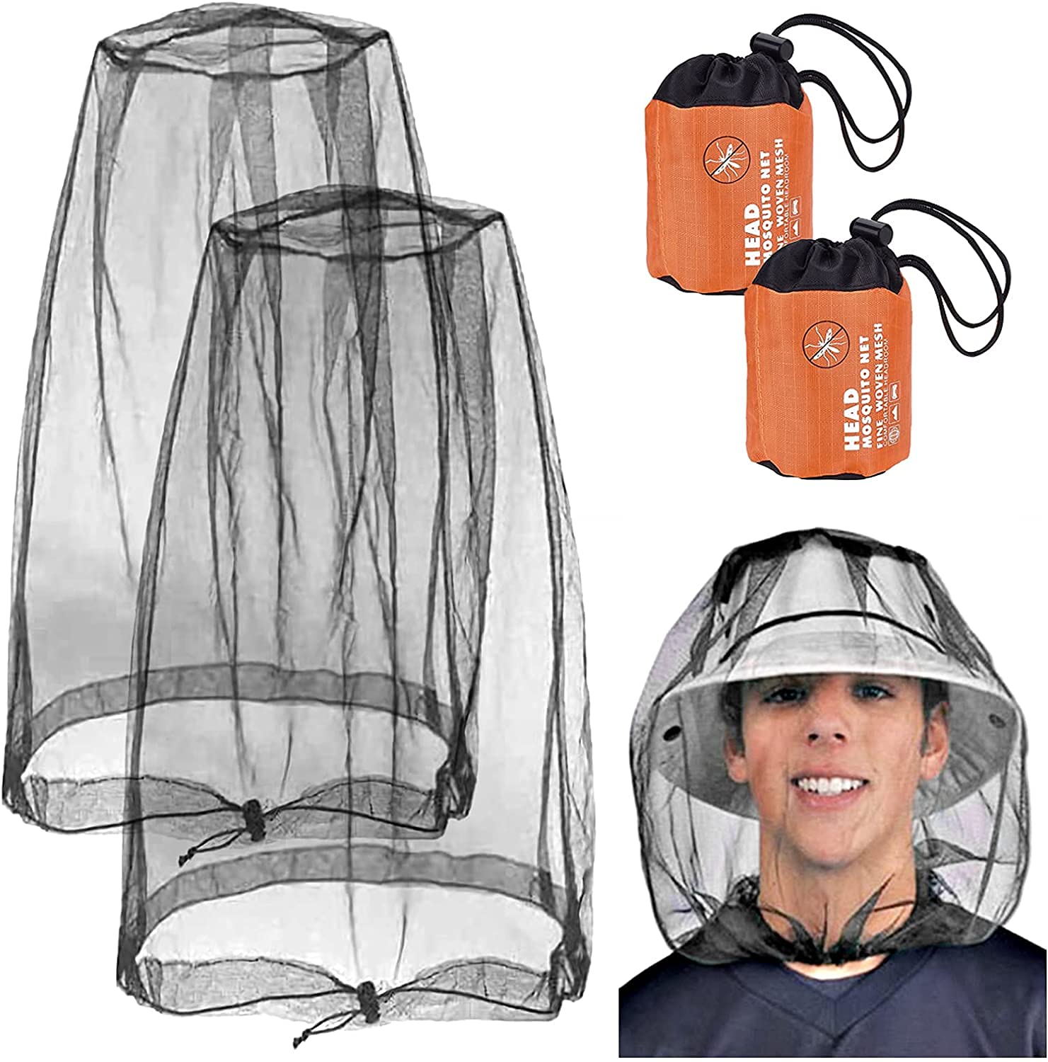 2 Pieces Mosquito Head Net, Nylon Face Net Mesh,Mesh Bug Net for Outdoor Hiking Camping Climbing Fishing and Walking (Dark black)