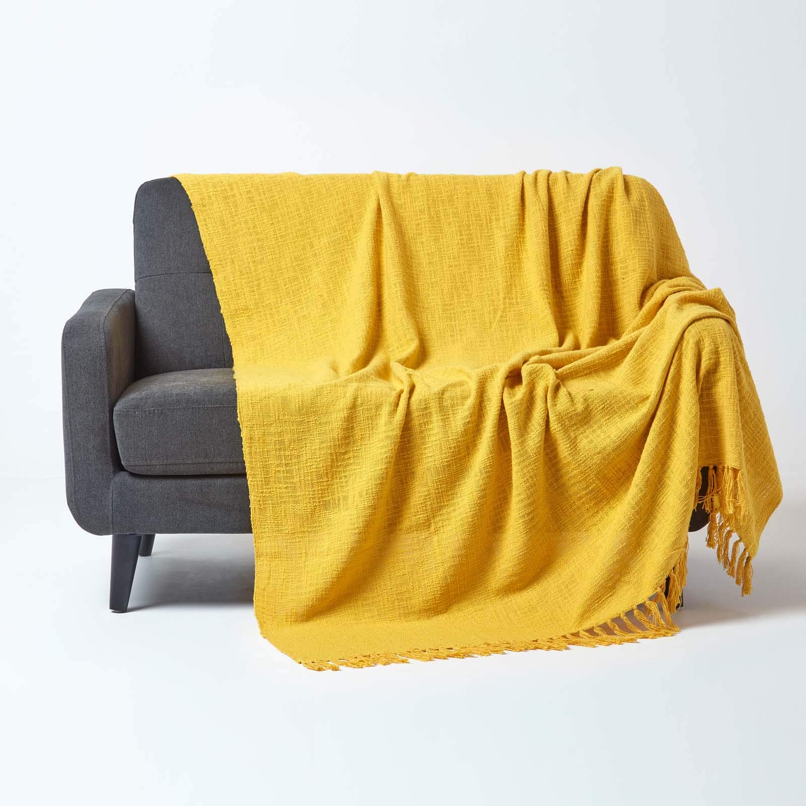 HOMESCAPES Nirvana Ochre Yellow Handwoven 100% Pure Cotton Throw 60 x 80 Inches, Bedspread Blanket with Handknotted Tassels in Very Durable and Heavy Quality, Easy-Care and Washable at Home
