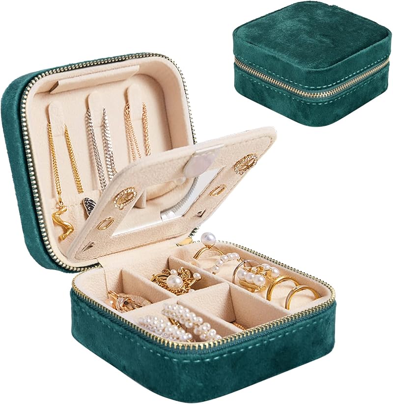 Darbermu Mini Jewelry Box Organiser Green with Mirror Velvet Lined Travel Case