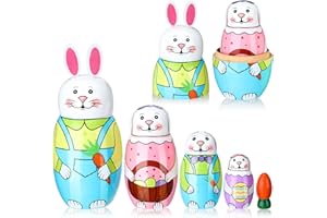 Seematn 5 Pcs Easter Nesting Dolls Bunny Nesting Dolls Russian Matryoshka Dolls Wooden Rabbit Toy Painted Cartoon Pattern Stacking Doll for Easter Decoration Birthday Gift Home Table Party Decor
