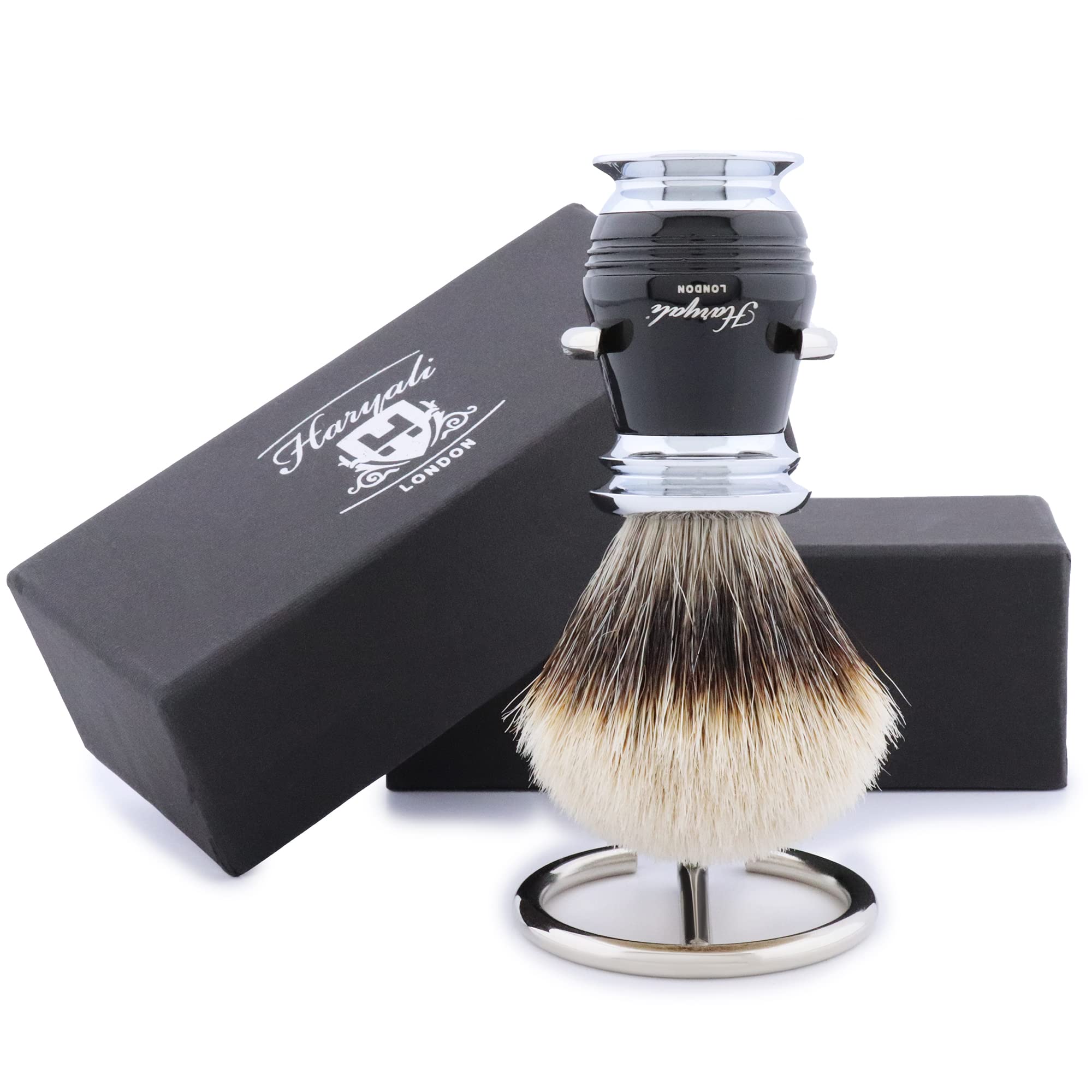 Haryali London Shaving Kit - 2 Pc Shaving Kit - Synthetic Silvertip Badger Shaving Brush - Stainless Steel Shaving Stand - Elegant Design Shaving Brush with Shaving Stand