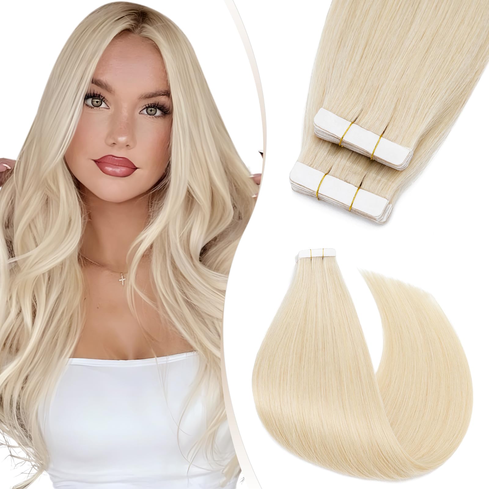 Elailite 40 Pcs Tape in Extensions Human Hair Thin Type 1.5g/pcs - Seamless Skin Weft Hair Extensions 100% Real Natural Remy Hair (#60 Platinum Blonde, 14 inches)