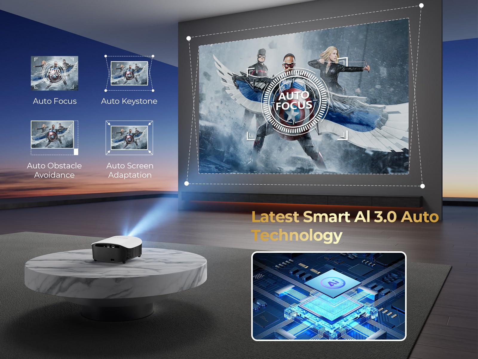 GooDee Smart Mini Projector with WiFi and Bluetooth - 4K Support Built-in Streaming Apps, AI Auto Focus & Auto Keystone, Dolby Audio, Indoor/Outdoor FHD Home Theater Projector for Movies & Gaming