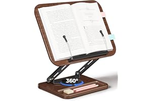 Viozon Book Stand for Reading, Book Holder 360° Rotating Base with Pen Slot, Foldable Reading Display Stand with Elastic Page Clips for Cookbook, Recipe, Textbook, Tablet, Laptop.