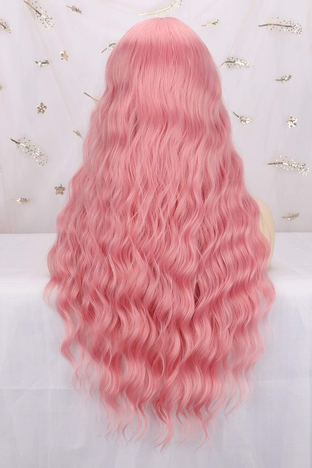 YEESHEDO 28 Inch Long Hair Pink Wigs for Women Natural Curly Wavy Synthetic Wigs with Fringe for Party Cosplay or Daily Wear - Image 4