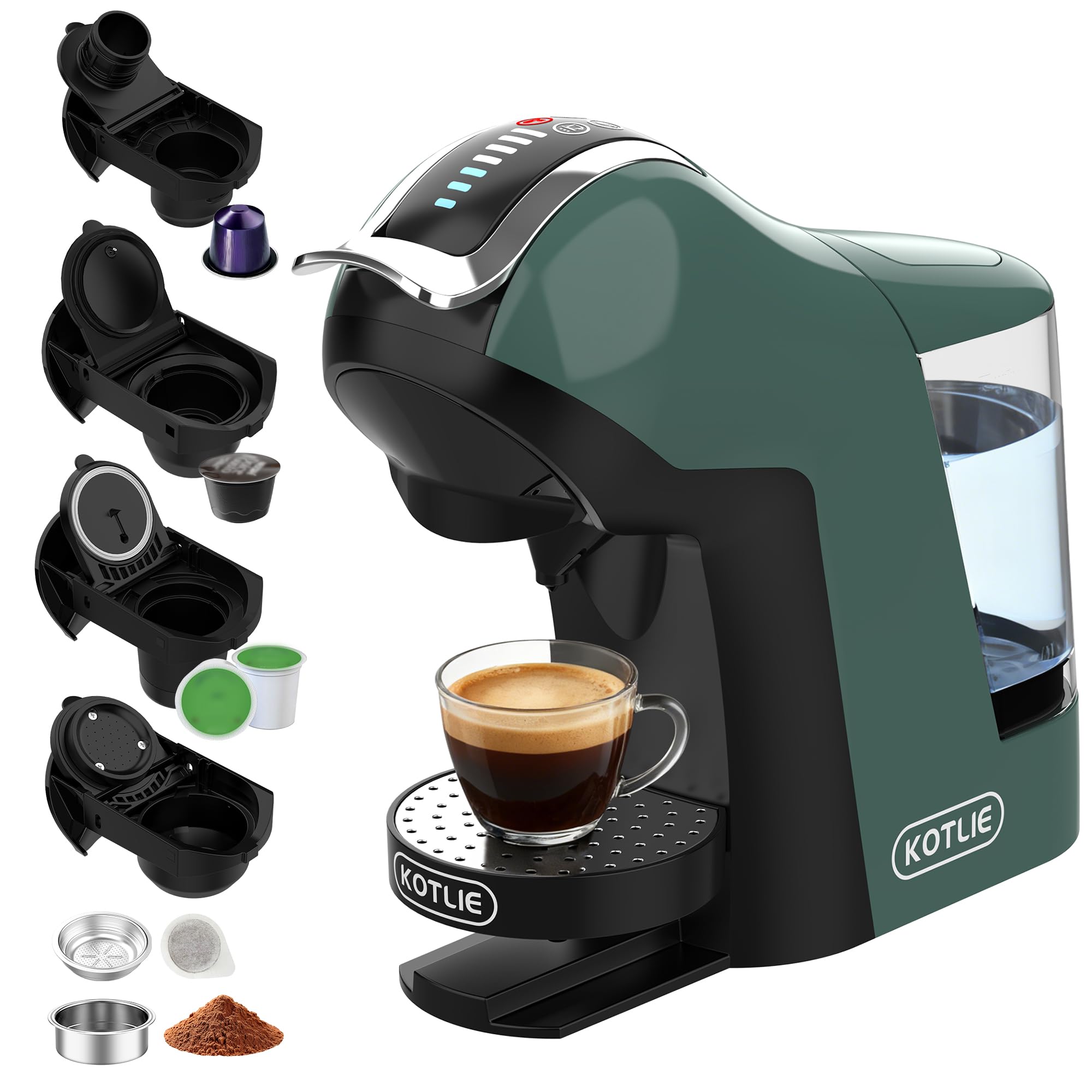 Photo 1 of KOTLIE EM-308B Espresso Machine, Single Serve Coffee Maker Compatible with Multiple Capsule Types, Ground Coffee, and ESE Pods, 3 Temperatures, 7 Water Volume Levels, 34 Oz?Green?
