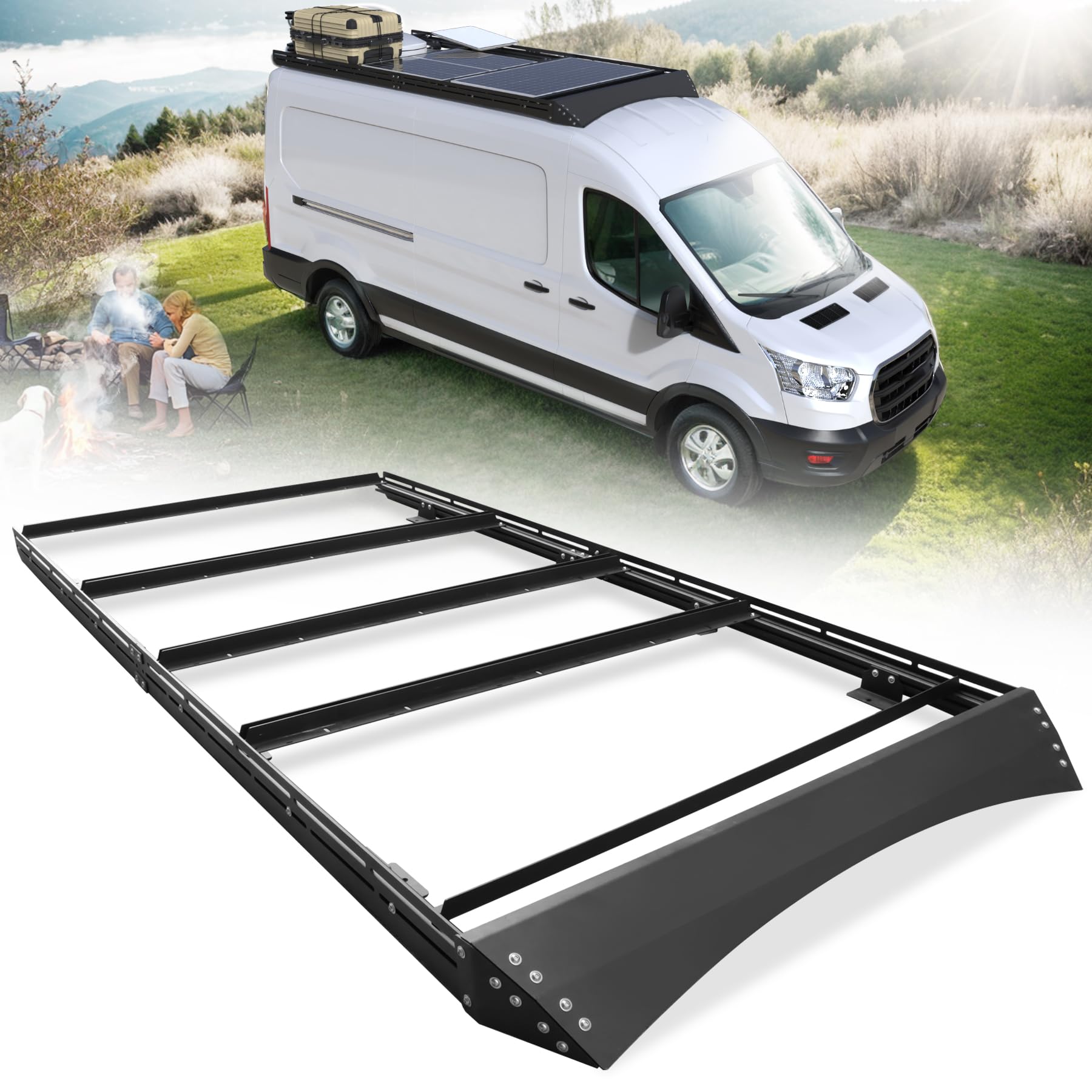 Photo 1 of MELIPRON Camper Van Roof Rack Fit for Ford Transit 148" WB Low/Mid/High Roof, Low Profile Aluminum Rack with Wind Fairing & L-Style Solar Panel Crossbars, 300 lb Dynamic, 500 lb Static