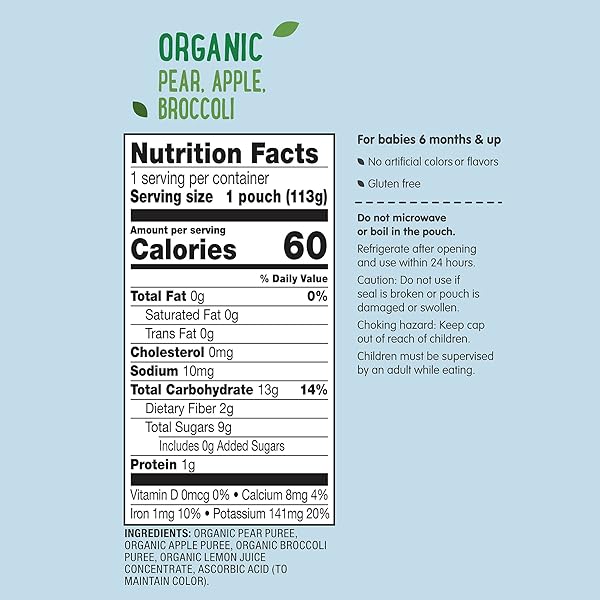 AMAZON BRAND – MAMA BEAR ORGANIC BABY FOOD, STAGE 2, PEAR, APPLE, BROCCOLI, 4 OUNCE (PACK OF 12)