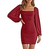 MASCOMODA Women Elegant Square Neck Lantern Long Sleeve Mini Ruched Bodycon Dress Stretch Mesh Slim Party Cocktail Dresses