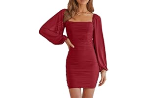 MASCOMODA Women Elegant Square Neck Lantern Long Sleeve Mini Ruched Bodycon Dress Stretch Mesh Slim Party Cocktail Dresses