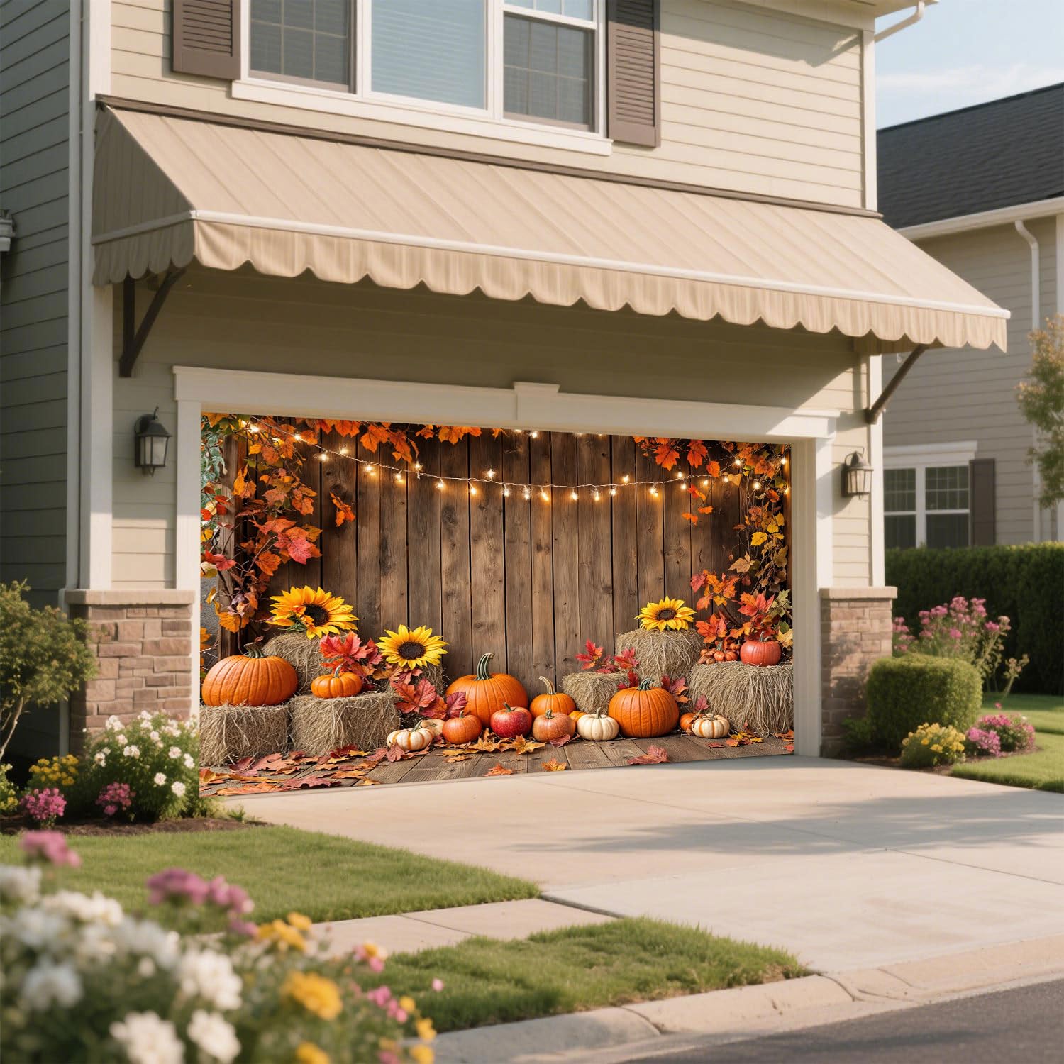 Photo 1 of 8x7FT Fall Garage Door Cover Autumn Maple Leaves Pumpkin Rustic Wood Photography Background for Party Decorations Baby Shower Birthday Banner