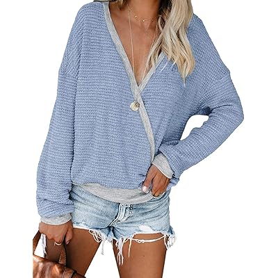 Women's V Neck Waffle Knit Long Sleeve Pullover Kuwait Ubuy