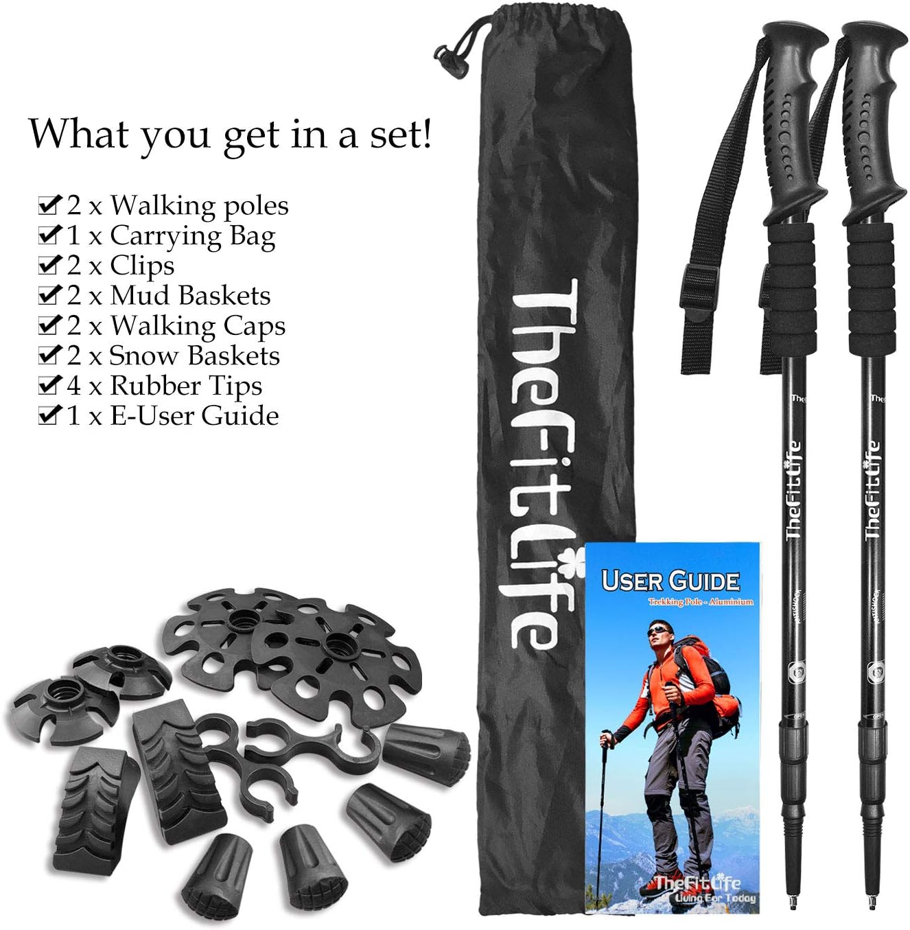 TheFitLife Nordic Walking Trekking Poles - 2 Pack with Antishock and Quick Lock System, Telescopic, Collapsible, Ultralight for Hiking, Camping, Mountaining, Backpacking, Walking, Trekking (Black) : Sports & Outdoors