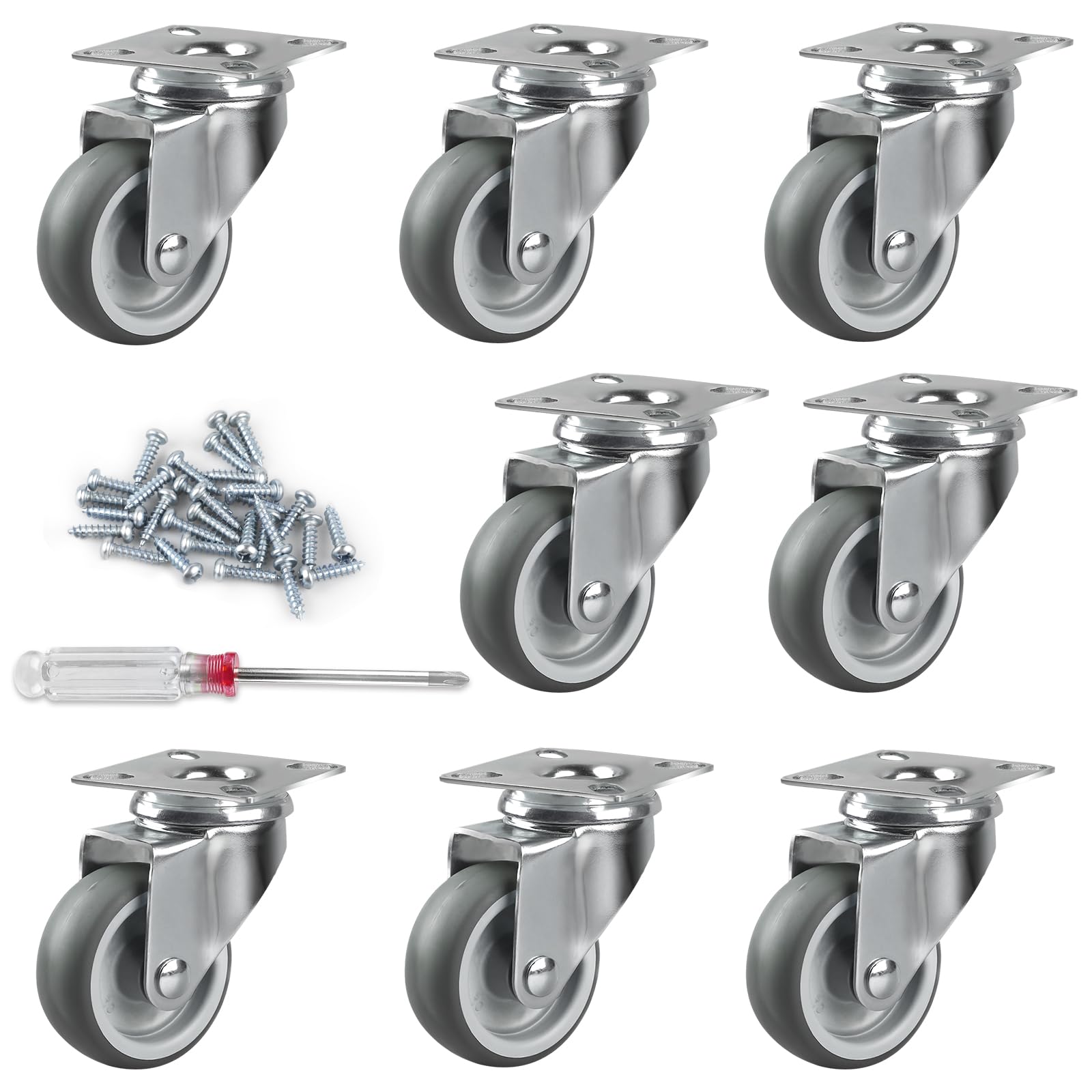 LALAGO Pack of 8 Swivel Castors, 50 mm Furniture Castors, Furniture Roller with Swivel Plate, 360° Wheels for Furniture, Castors, Small for Pallet Furniture, Lockers, Free Screwdriver and Screws