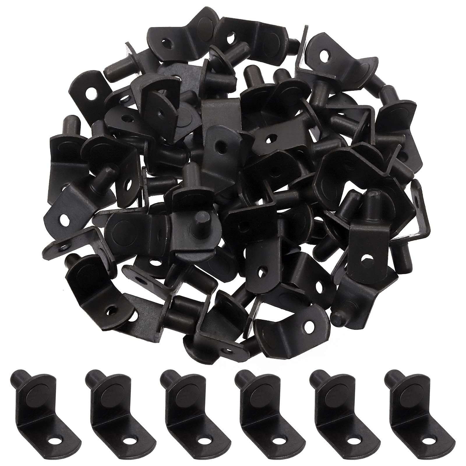 Wokape 60Pcs 1/4" Black Plated Steel L-Shelf Support Pegs with Hole Kit, L-Shaped Cabinet Shelf Support Pegs Assortment for Bookshelf (Black)