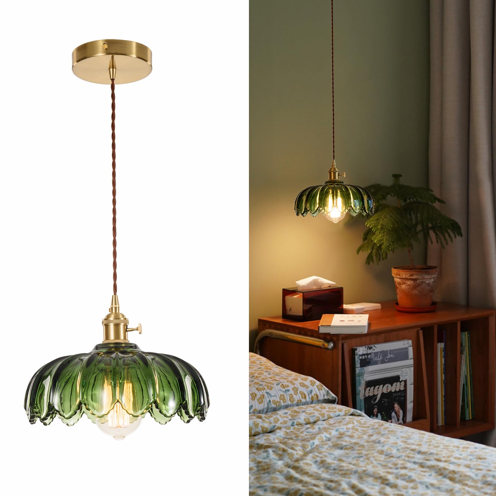 Photo 1 of XZHGCEE Glass Pendant Light Vintage Light Fixtures, Glass Pendant Lights Kitchen Island, Gold Pendant Light, Modern Chandelier Pendant Shade Green Light Fixture for Bedroom Dining Room