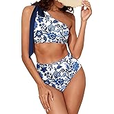 Herseas Women's One Bow Shoulder Bikini Sets 2 Piece Ruched Swimsuit Elegant Bathing Suit