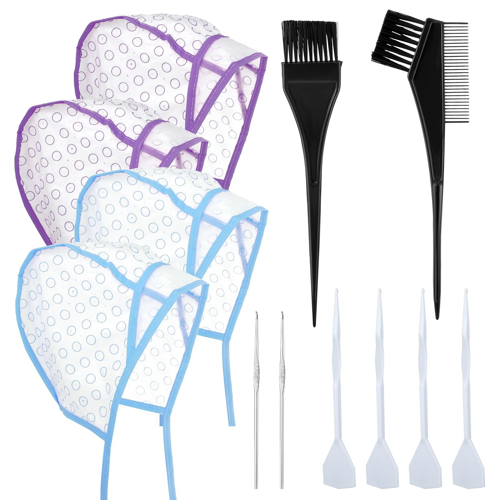 Bewudy 12 Pcs 4 Sets of Highlight Cap with Hooks, Hair Highlighting Caps, Highlight Hair Coloring Frosting Dye Kit for Salon Hair Dyeing Hairdressing (Purple+Blue)