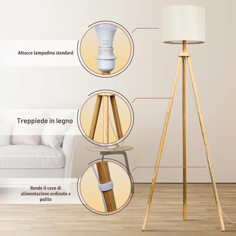 Lampada da Terra Treppiede in Legno Lampade da Terra Dimmerabile con E27 12W Lampadina 3 Colori Dimmerabili 3000K-6000K Piantana da Salotto con Telecomando per Soggiorno Camera Ufficio