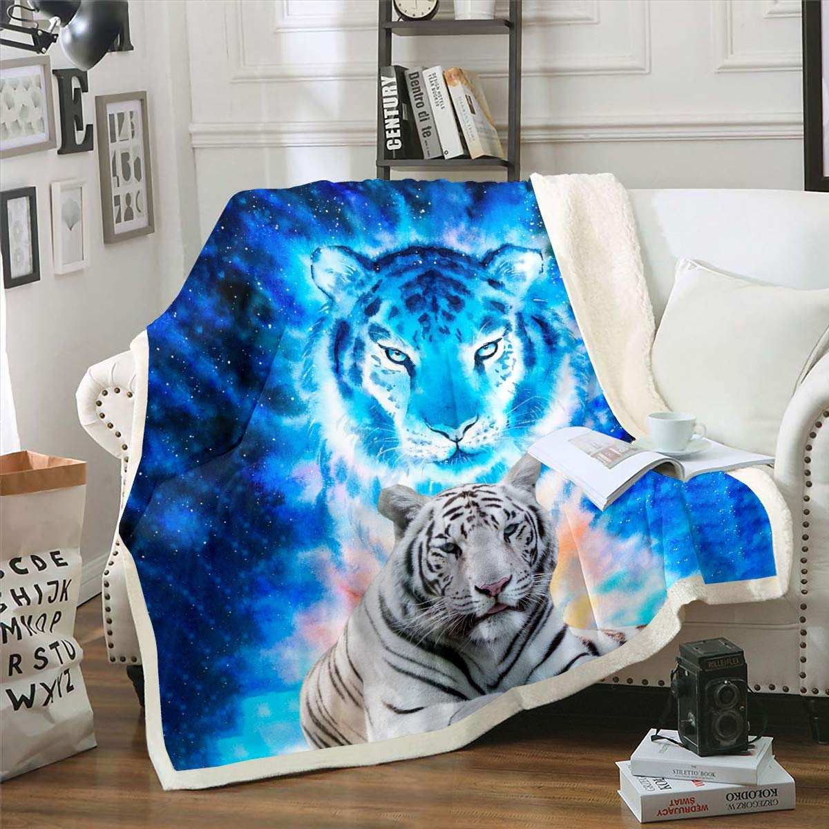 Loussiesd Tiger Print Plush Blanket Wild Animal Theme Sherpa Blanket Blue Galaxy Fleece Throw Blanket for Couch Bed Sofa Wildlife Safari Cat Print Fuzzy Blanket Ultra Soft Room Decor Single 50"x60"