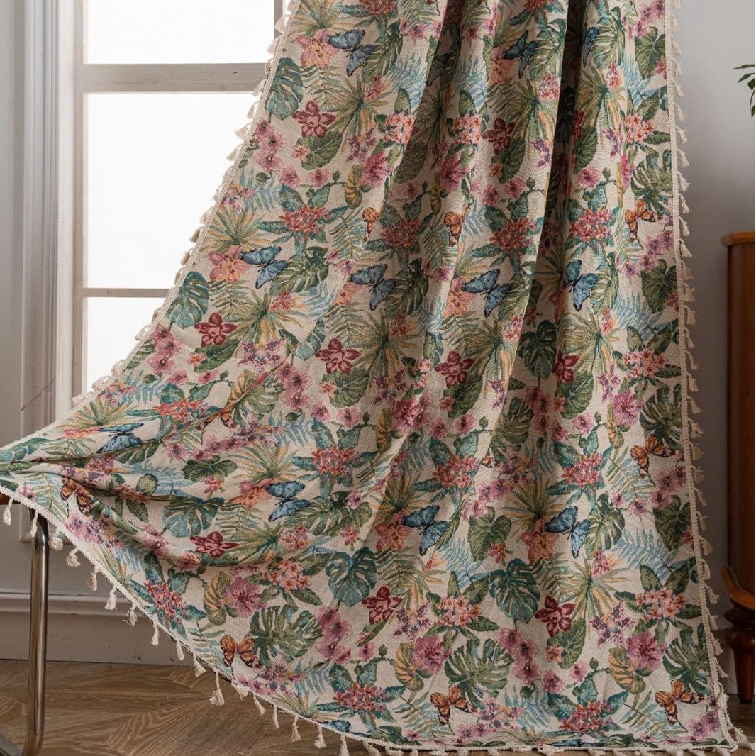 USTIDE Leaves Floral Jacquard Cotton Curtain 1 Panel Light Reducing Bedroom Living Room Curtain Farmhouse Garden Drape with Tassels,150x160cm