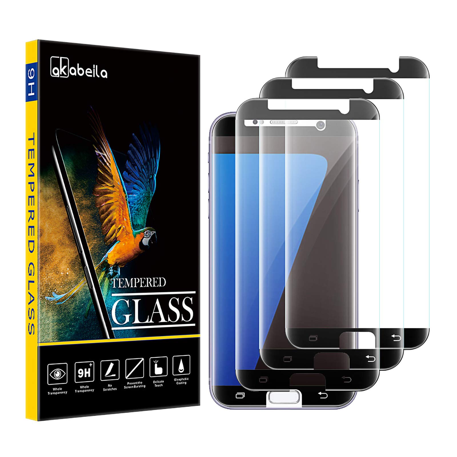 AKABEILA [3 Pack Screen Protector for Samsung Galaxy S7 Edge Premium HD Tempered Glass Protective Film 9H Hardness Case Friendly Easy Installation Anti Scratch Bubble Free