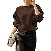 Yidarer Women's Cropped Faux Suede Tops Long Sleeve Crewneck Belted Top Loose Fit Casual 2026 Spring Outfits