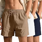 Neer 3 Pack Men's Cotton Linen Shorts Elastic Waist Drawstring Summer Casual Beach Shorts with Pockets