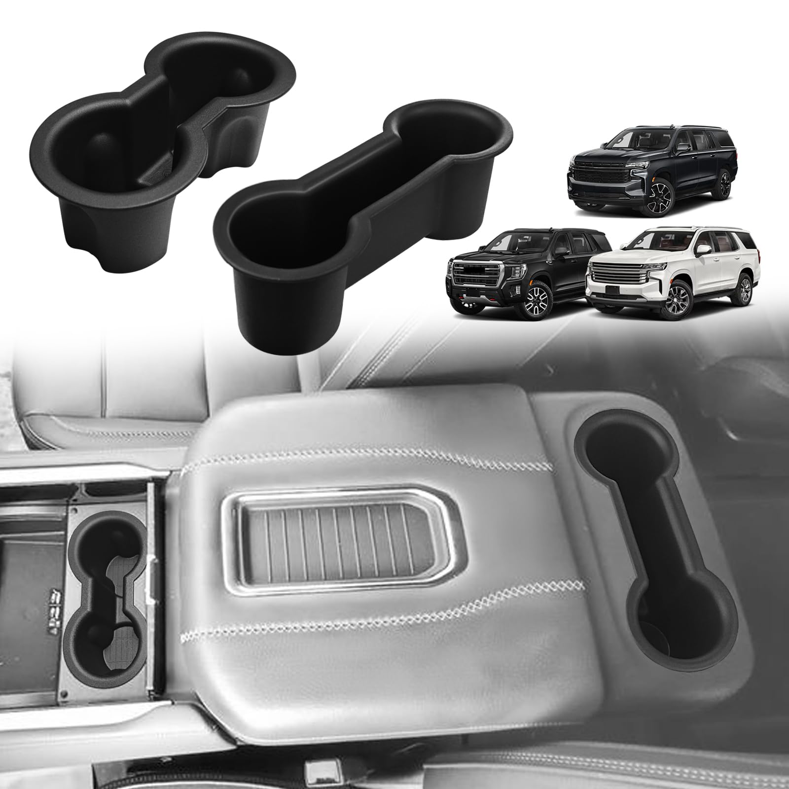 Photo 1 of Muslogy Center Console Front&Rear Cup Holder Inserts Compatible with 2021-2025 2026 GMC Yukon Chevy Tahoe Suburban Accessories Middle Console Silicone Organizer Non-Slip Drink Stopper 2PCS Set