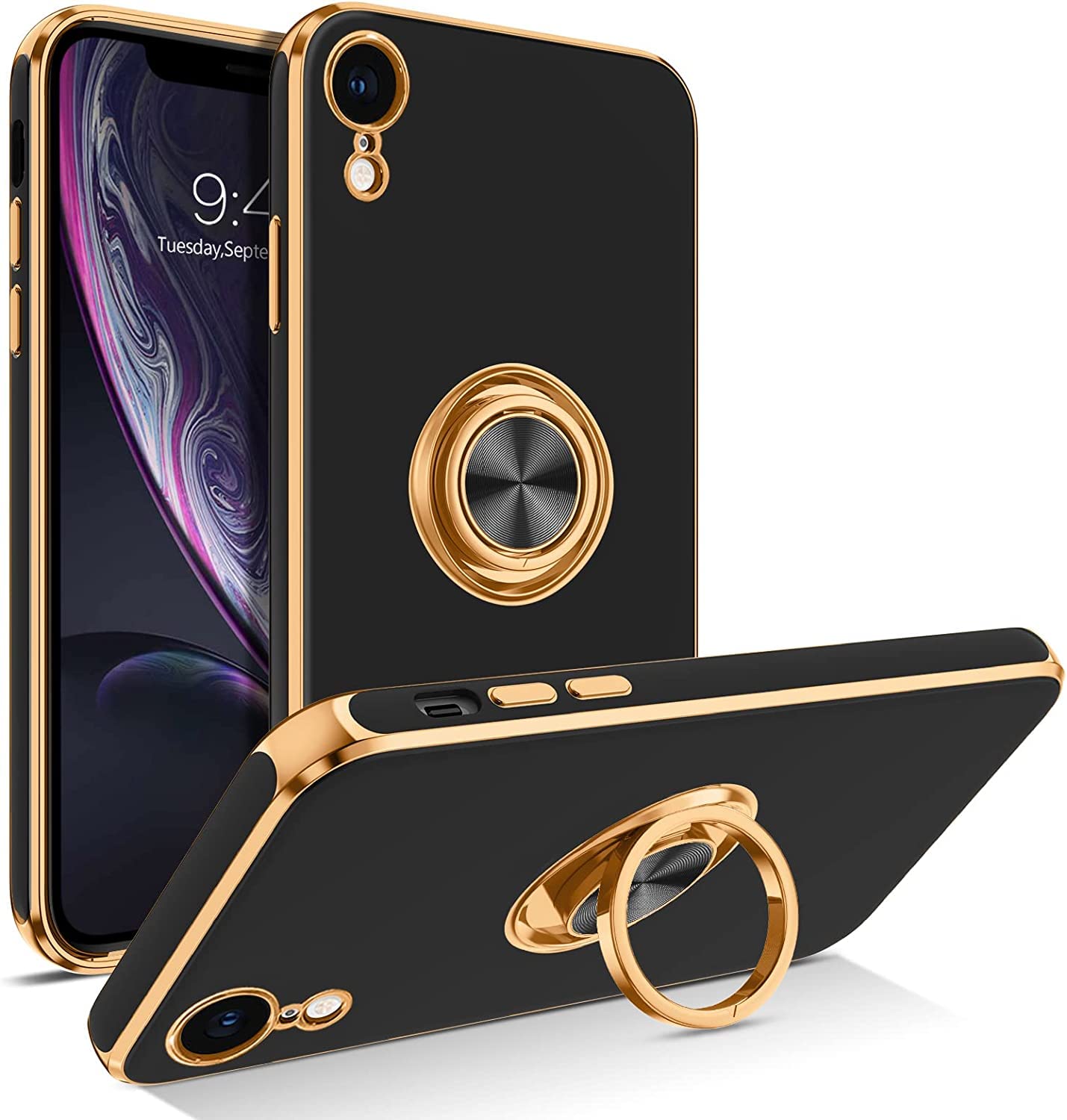 Apple iPhone XR Silicone Case with Ring Holder 360° Kickstand for Magnetic Car Mount - Shockproof Protective Bumper Cover - Black