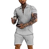 URRU Men's Polo Shirt and Shorts Set 2 Piece Summer Outfits 3D Textured Short Sleeve Track Suit