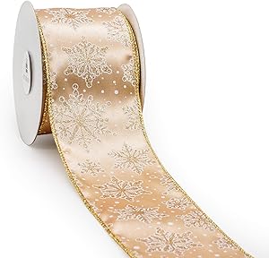 CT CRAFT LLC Natural Tan Faux Jute with White Snowflake Wired Ribbon for Home Decor, Gift Wrapping, DIY Crafts, 2.5" x 10 Yards x 1 Roll, Satin Champagne/Gold