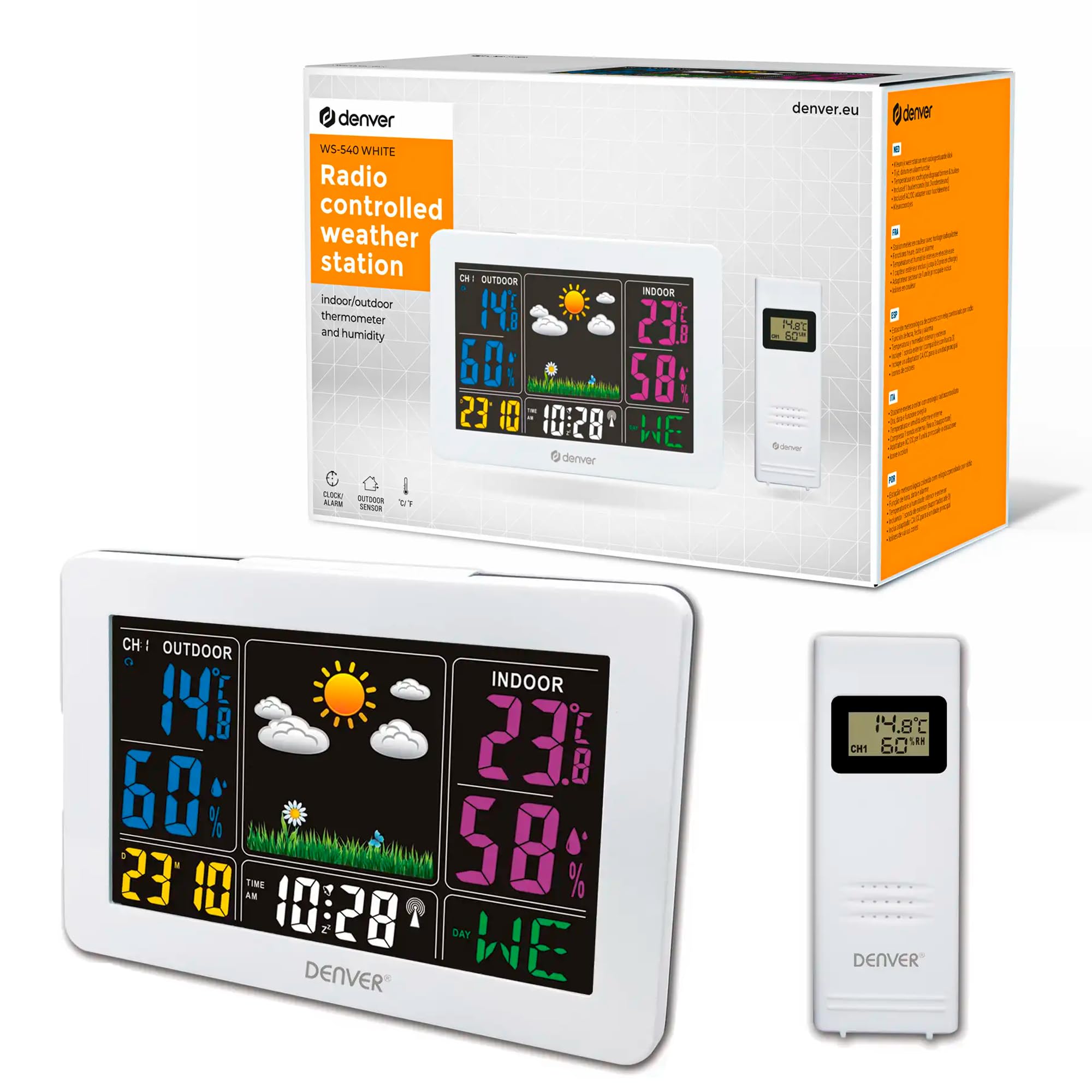 Denver Weather Station 'WS-540' with Outdoor Sensor, Alarm Function and Colour Display, as well as Measuring Temperature and Humidity, White