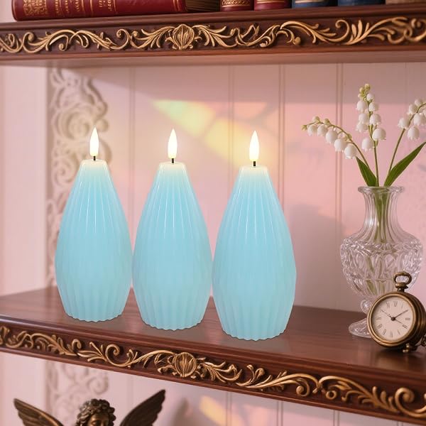 IMMEISCENT BLUE RIBBED FLAMELESS CANDLES WITH REMOTE FLICKERING REALISTIC BATTERY POWERED LED REAL WAX DECORATIVE CANDLE GEOMETRIC AESTHETIC RIBBED MODERN OCEAN DECOR FOR HOME TABLE FIREPLACE, 3PACK