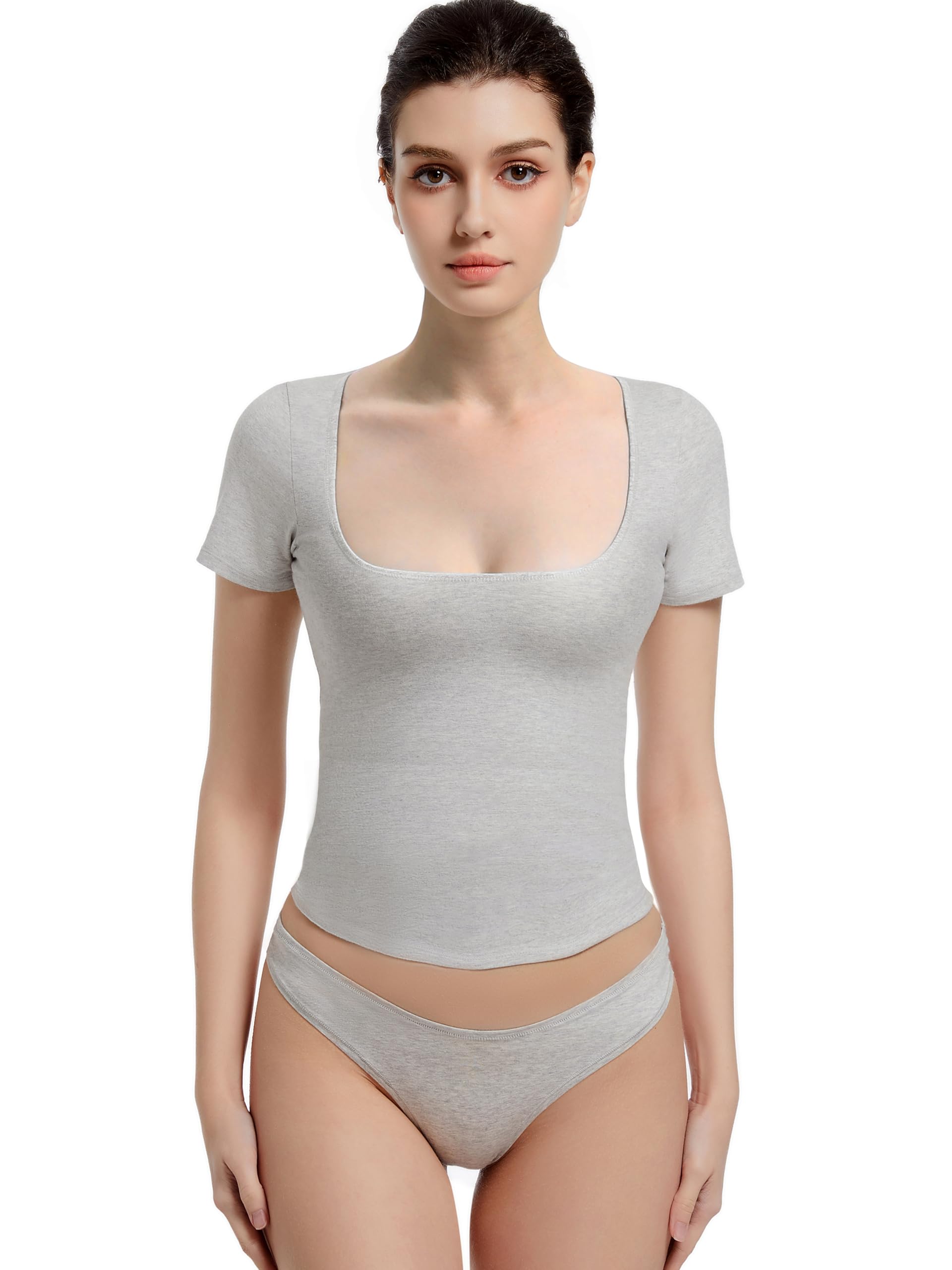 Photo 1 of Abonlen Scoop Neck Short Sleeve T Shirts for Women Fitted Going Out Tops Y2k Slim Basic Tees (Gray, Medium)