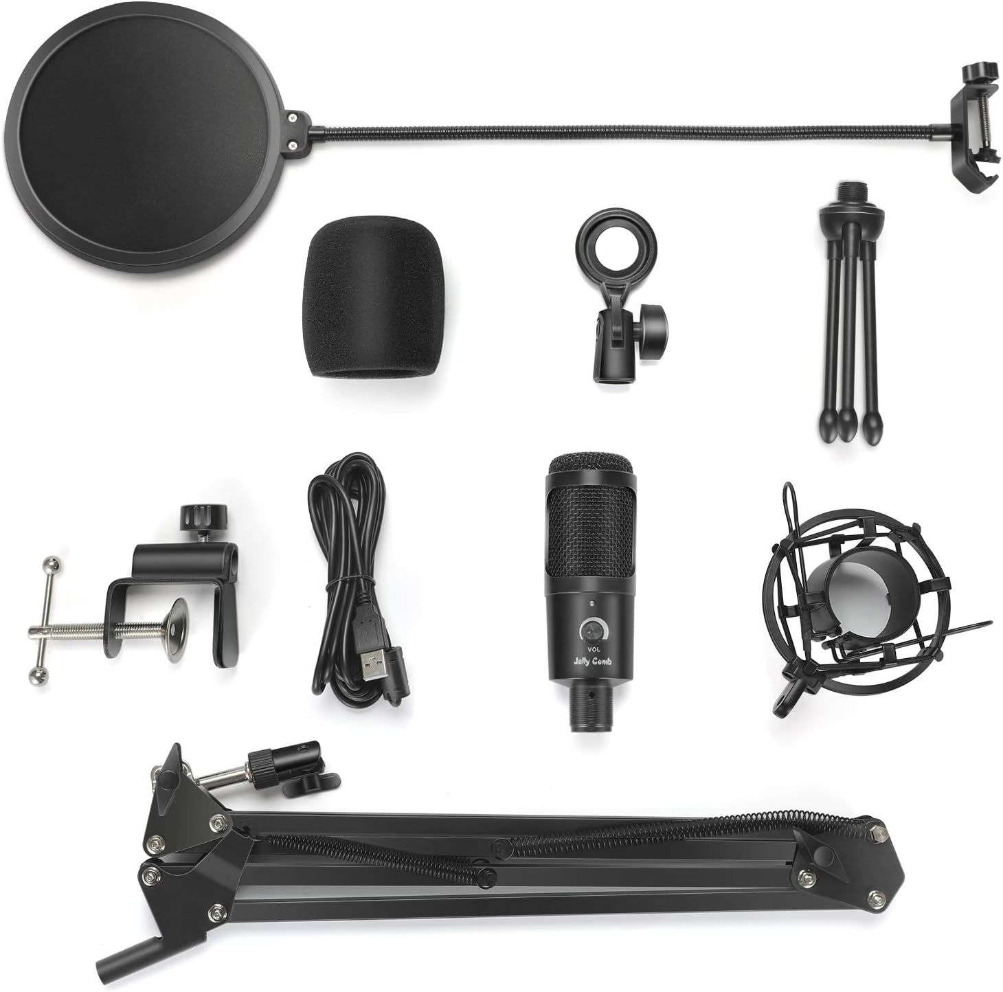 USB Microphone for Computer, Jelly Comb Podcast Microphone Kit with Arm & Tripod Stand, 192KHZ/24Bit Condenser Microphone for Podcasting, PC, Laptop, PS4, Studio/Home Recording, YouTube: Home Audio & Theater