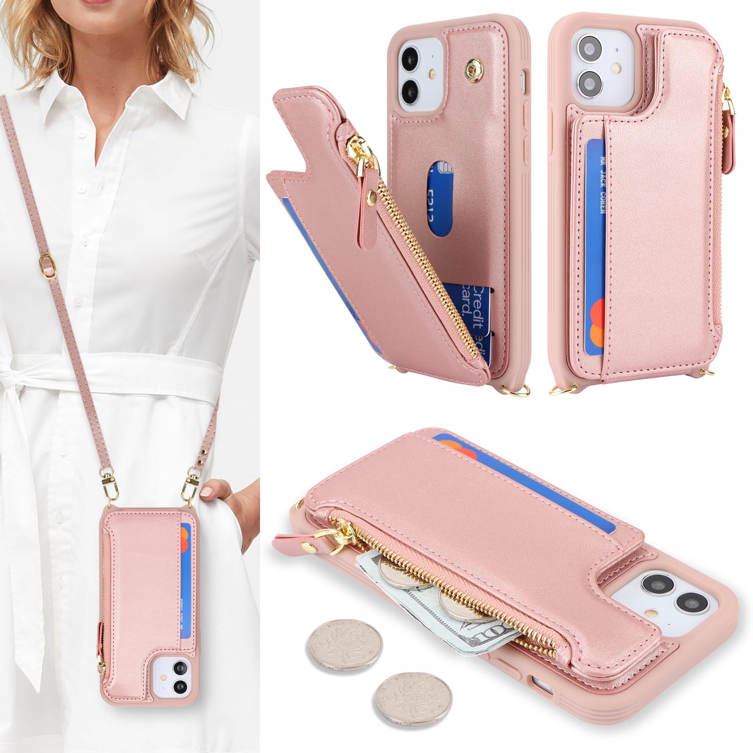 SailorTech for iPhone 12 Phone Case with Credit Card Holder for Women, iPhone 12 Pro Leather Case Wallet Crossbody with Credit Card Slots Zipper Shockproof Case for Men - Rose Gold