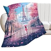 Eiffel Tower Blanket Gifts for Girls Boys Romantic Paris Theme Fleece Blankets Soft Warm Fuzzy Pink Cherry Blossom Throw Cozy Flannel Plush Stuff Throws for Kids Men Women Bed Couch Decor 50"x40"