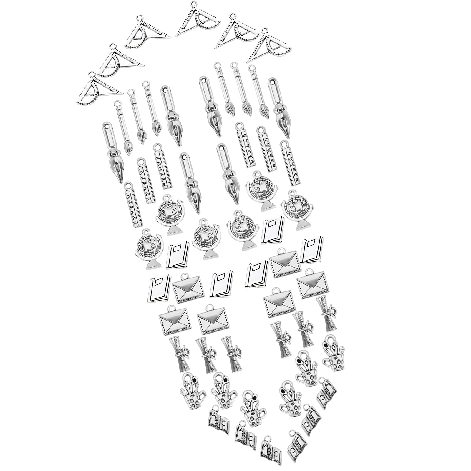 SUNNYCLUE 1 Box 60Pcs 10 Styles School Teacher Charms Tibetan Style Alloy Book Ruler Brush Pen Compasses Globe Shape Back to School Pendants for Making Crafts Supplies, Antique Silver
