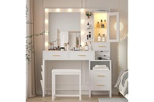 CSZZD White Vanity Desk with Lighted Mirror and Chair, Makeup Vanity with Charging Station, 5 Drawers Vanity Table Set with LED Cabinet & Storage Bag, Makeup Dressing Table for Girls Women