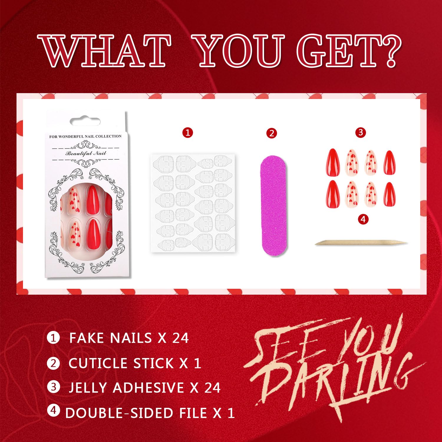 Valentine's Day Press On Nails Almond Medium, 24Pcs Valentine's Day Fake Nails Red Heart Full Cover Glossy Stick On Nails Valentines Day Nail Accessories for Women Girls (Red Heart Almond) - Image 2