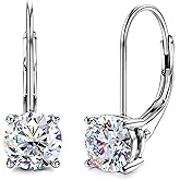 GEMQUEEN Moissanite Earrings : 18K White Gold Plated Soild Sterling Silver Dangle Earrings Hypoallergenic Leverback Drop Earrings for Women Men Round Cut D Color