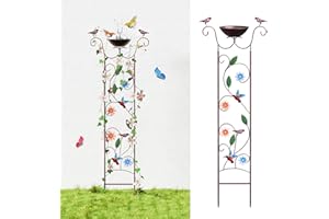 Glirops Bird Bath for Outside - Antique Iron Bird Bath with Trellis,Detachable Decorative Hummingbird Bowl,Metal Plant Support for Climbing Flowers,Elegant Outdoor Garden Feature (Hummingbird)