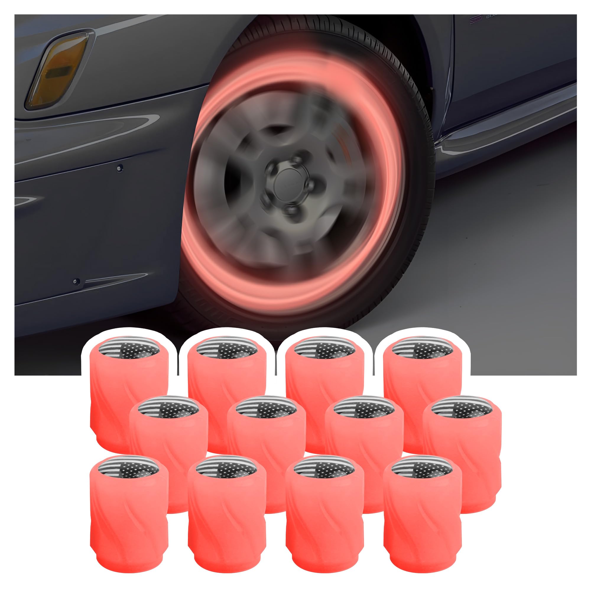Photo 1 of 12PCS Luminous Glow in The Dark Valve Stem Caps with American Flag,Tire Valve Caps Light Up The Night,Universal Fluorescent Valve Stem Caps Enhance Safety Car Accessories (Orange/Black Flag)