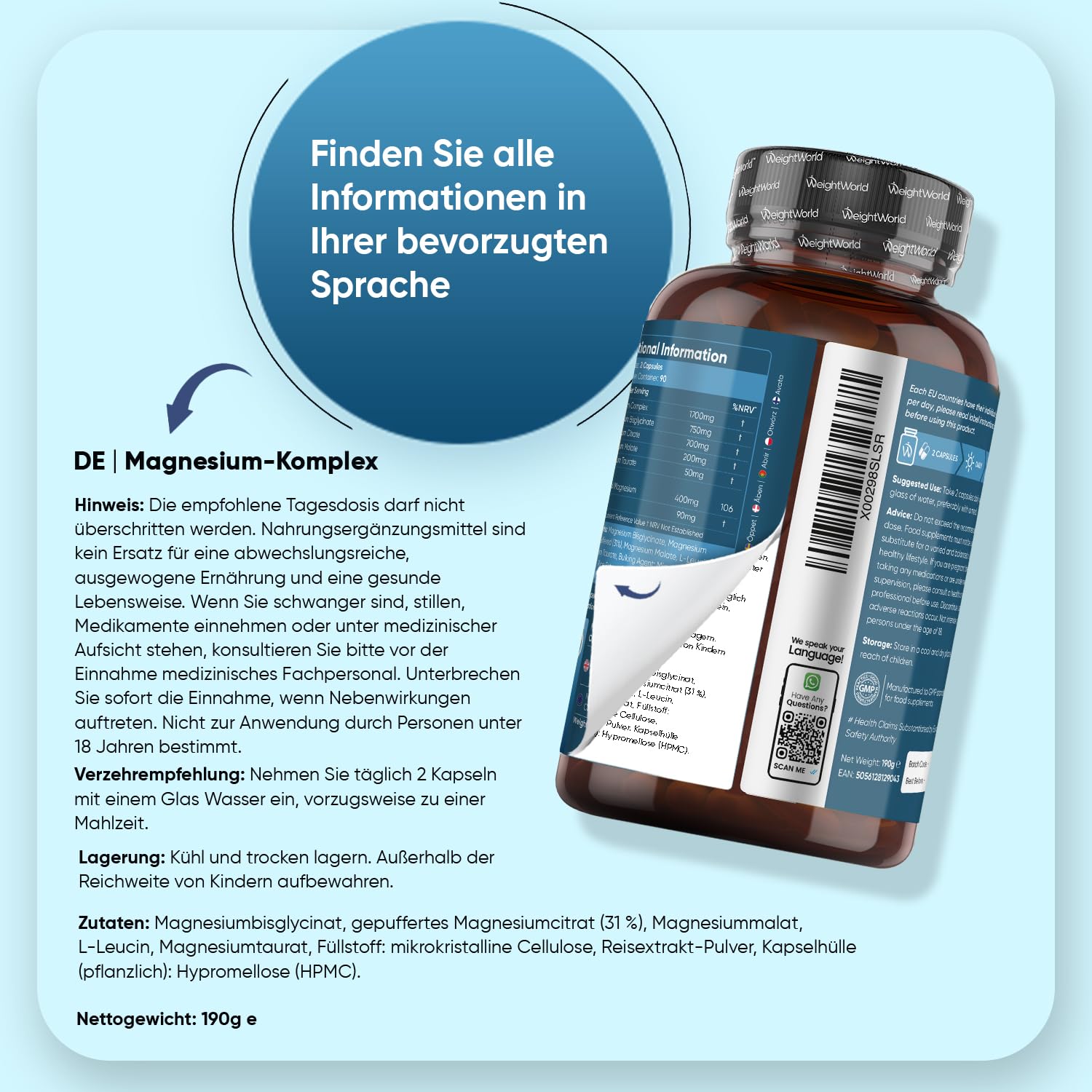 WeightWorld Magnesium Komplex 4 in 1-400mg Elementares Mg pro Portion 4