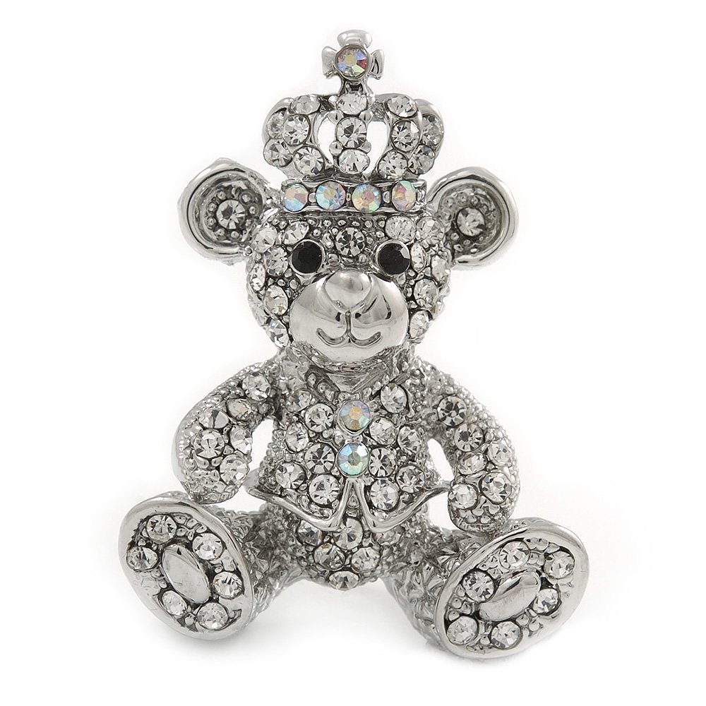 Silver Tone Clear/Ab Crystal Royal Teddy Bear Brooch - 40mm Tall