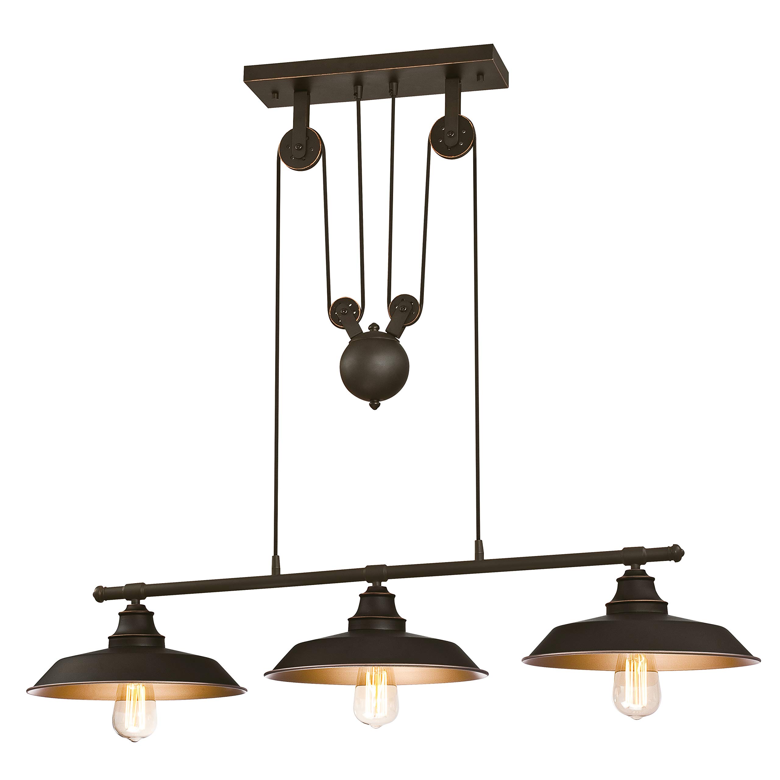 63325 Iron Hill Three-Light Indoor Island Pulley Pendant, Oil Rubbed Bronze Finish with Highlights