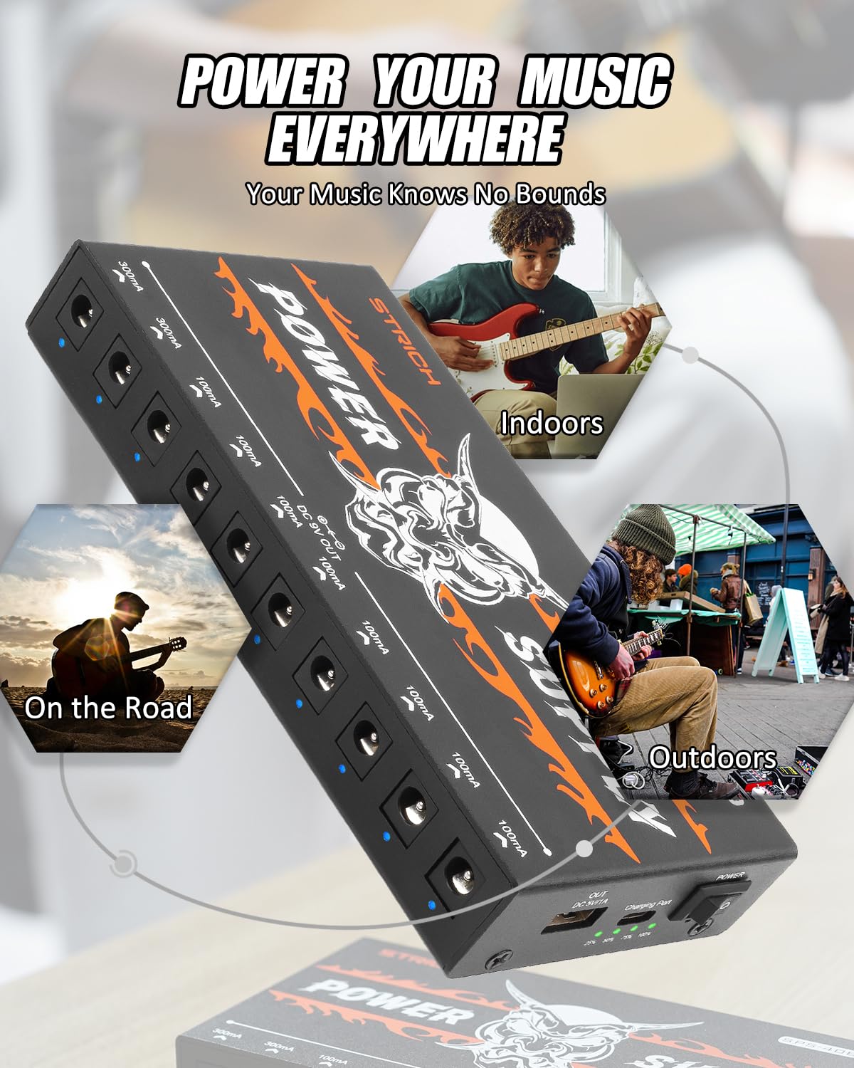 STRICH SPS-40B Wiederaufladbarer Akku Gitarre Effektpedal Netzteil mit eingebautem 10000mAh 10 Ausgängen DC 9V (2x300mA, 8x100mA) Buchsen für Gitarre Bass Pedale, 5V/1A USB Port für Telefon 5