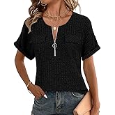 Viracy Womens Top Dressy Casual Short Sleeve Blouses V Neck Shirts 2025 Trendy Summer Fashion Loose Fit Zip-up Work Tops