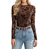 BemorRun Floral Mesh Top for Women Crew Neck Long Sleeve See Through Tee Shirts Fitted Sexy Going Out Tops